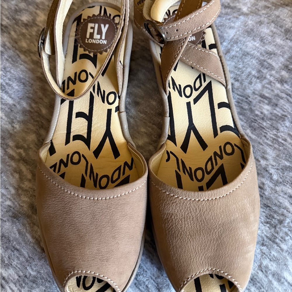 Fly London Women's Tan/Mushroom Peep-Toe Sandals